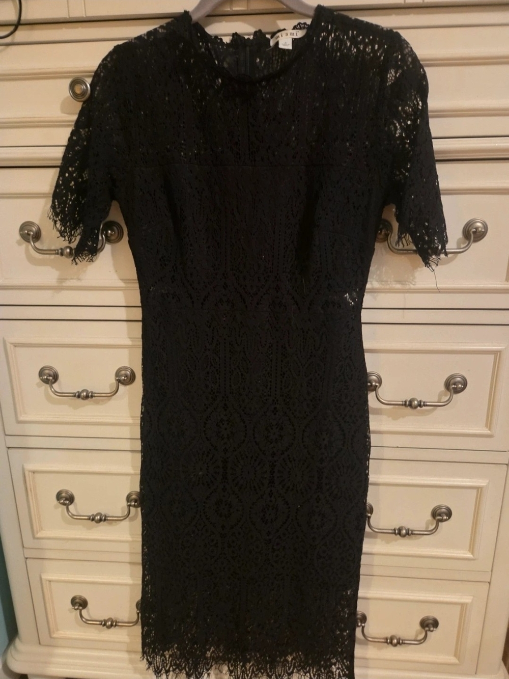 miami Black Lace Midi Dress with Short Sleeves. Worn But In Excellent Condition